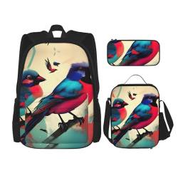 WURTON Schulrucksack mit Vogelmotiv, verstellbare Schultergurte, Lunch-Tasche, Federmäppchen, 3-in-1-Set von WURTON