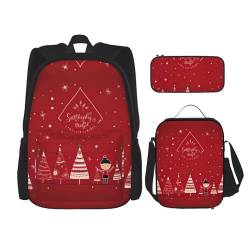 WURTON Schulrucksack mit Weihnachtsmotiv, verstellbare Schultergurte, Lunch-Tasche, Federmäppchen, 3-in-1-Set Tasche von WURTON
