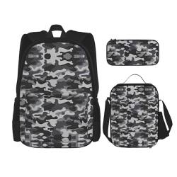 WURTON Schulrucksack mit abstraktem Camouflage-Druck, verstellbare Schultergurte, Lunch-Tasche, Federmäppchen, 3-in-1-Set Tasche von WURTON