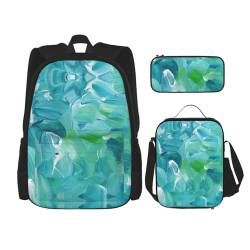 WURTON Schulrucksack mit blauer Ölfarbe, mit strukturiertem Druck, verstellbare Schultergurte, Lunch-Tasche, Federmäppchen, 3-in-1-Set Tasche von WURTON