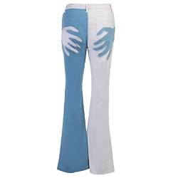 WUURAA Frauen Vintage Flare Bottom Jeans Harajuku Asymmetrische Nähte Farbe Hosen Hand Für Palme Applikation Patchwork Dünne Hosen Streetwear Hosen Für Frauen von WUURAA