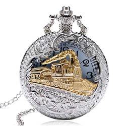 WWVAVA Vintage Silber Fall Golden Train Locomotive Hohlquarz Taschenuhr Clock Hour Halskette Anhänger Frauen Männer, Silber von WWVAVA