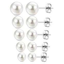 Ohrringe für Damen, 5 Paare Perlen Ohrstecker Perlenohrringe Set 4/6/8/10/12mm, Künstliche Perlenohrringe von WXNPA