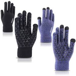 WYMAODAN 2Paar warme Handschuhe, gestrickte Touchscreen-Handschuhe mit rutschfestem Design, Outdoor-Accessoires für Damen und Herren (schwarz+Blau) von WYMAODAN