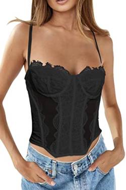 WYNNQUE Damen Sommer Spitze Bustier Mesh Sexy Vintage Spaghettiträger Offener Rücken Knochen Korsett Ausgehen Party Crop Top, Schwarz, Medium von WYNNQUE