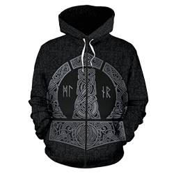 WYPAN Herren Nordic Viking Tattoo Hoodie, 3D Druck Nordische Mythologie Thors Hammer Rune Muster Schwarz Mode Retro Pullover Sweatshirt Kleidung,Zipper Hoodie,3XL von WYPAN