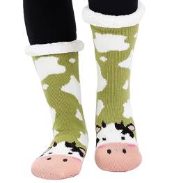 WYTartist Kuschelsocken Damen Flauschig Warme Haussocken Stoppersocken Rutschsichere Hausschuhe Dicke Socken Winter Hüttensocken Bettsocken mit ABS Sohle (Green Cow) von WYTartist