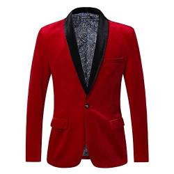 WZIKAI Herren Samt-Blazer Slim Fit Ein-Knopf Solid Anzug Jacke Sport Mantel für Hochzeit Abschlussball Dinner Party, Burgunder, 3XL von WZIKAI