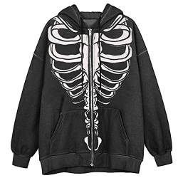 Damen Skeleton Jacke Hoodies Jacket Zip Up Graphics Langarm Kapuzenpullover Herbst Winter Sweatshirt Skelett E-Girl Streetwear Mädchen Y2K Freizeitjacken Gothic Oversized Pullovers von Wahuan