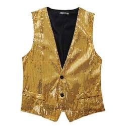 Herren Pailletten Anzugweste, V-Ausschnitt, Ärmellos, 2 Button Down Weste Herren Pailletten 70er Ärmellos Glitzer Weste Mantel Disco Karneval Kostüm Rave Outfit Paillettenweste Glänzend (Gold, XXXL) von Wahuan