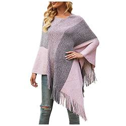 Wahuan Eleganter Bequemer Damen Poncho Pullover mit Chevronstreifen und Fransen Poncho Cape Retro Cardigans Pullover fühlen Wickelschal Geschenk für Mutter Strick Ponchos & Capes Damen (D, one Size) von Wahuan