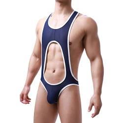 Wahuan Herren Sexy Wrestling Singlet Slim Fit Boxer Unterwäsche Overall Einteiler Sportshirt Glossy Silky Jumpsuit Atmungsaktiv Leotard Bodysuit Herren ÖL Glanz Body Ärmellos Bodysuit (41-Blue, XXL) von Wahuan