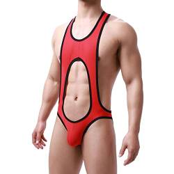 Wahuan Herren Sexy Wrestling Singlet Slim Fit Boxer Unterwäsche Overall Einteiler Sportshirt Glossy Silky Jumpsuit Atmungsaktiv Leotard Bodysuit Herren ÖL Glanz Body Ärmellos Bodysuit (41-Red, XXL) von Wahuan