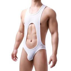 Wahuan Herren Sexy Wrestling Singlet Slim Fit Boxer Unterwäsche Overall Einteiler Sportshirt Glossy Silky Jumpsuit Atmungsaktiv Leotard Bodysuit Herren ÖL Glanz Body Ärmellos Bodysuit (41-White, L) von Wahuan