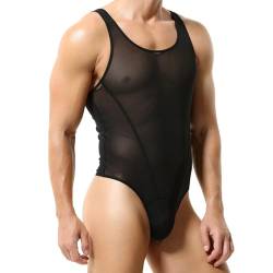 Wahuan Herren Sexy Wrestling Singlet Slim Fit Boxer Unterwäsche Overall Einteiler Sportshirt Glossy Silky Jumpsuit Atmungsaktiv Leotard Bodysuit Herren ÖL Glanz Body Ärmellos Bodysuit (42-Black, M) von Wahuan