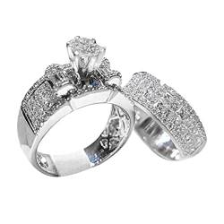 Wahuan Luxus Mode Brillant Zirkon Ring Set Schmuck Frauen Hochzeit Verlobung Paar Passende Ringe Gehämmerte Ringe (Silver, B) von Wahuan