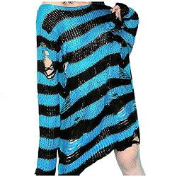 Wahuan Punk Gothic Langer Pullover Oversize Gestreifter Zerrissene Longpullover Strickpullover Oberteile Jumper Tops Langarmshirt Oberteile Gestrickt Lose Oberteile (Blue, One Size) von Wahuan