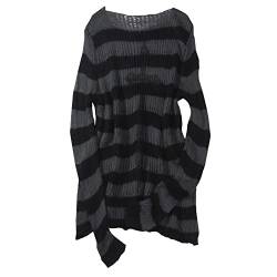 Wahuan Punk Gothic Langer Pullover Oversize Gestreifter Zerrissene Longpullover Strickpullover Oberteile Jumper Tops Langarmshirt Oberteile Gestrickt Lose Oberteile (z1-Grey, One Size) von Wahuan