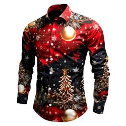 Weihnachtshemd Herren, Weihnachten Muster 3D Bedruckte Hemd Freizeithemd Männer Langärm Slim Fit Funky Christmas Shirt Stehkragen Lustige Funky Hemden Langarmhemd Langarmshirt Button Up (L1-Wine, L) von Wahuan