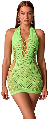 Walang Damen Dessous Ausschnitt BobyStocking Fischnetz Bodysuit Sexy Dessous Reizwäsche Minikleid Clubwear Babydoll Kleider Unterwäsche (Grün) von Walang