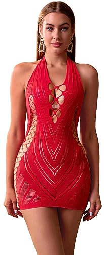 Walang Damen Dessous Ausschnitt BobyStocking Fischnetz Bodysuit Sexy Dessous Reizwäsche Minikleid Clubwear Babydoll Kleider Unterwäsche (Rot) von Walang