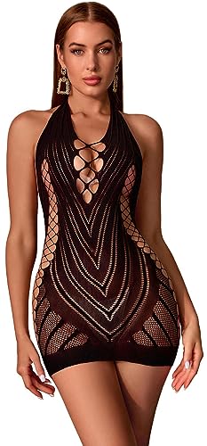 Walang Damen Dessous Ausschnitt BobyStocking Fischnetz Bodysuit Sexy Dessous Reizwäsche Minikleid Clubwear Babydoll Kleider Unterwäsche (Schwarz) von Walang