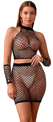 Walang Damen Dessous Fischnet Mesh Lingerie Bodysuit Netz Top + Wrap Rock + Sexy Hand Socken Mini Dress Party Hollow Out Outfits Exotische Set (Schwarz) von Walang