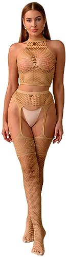 Walang Damen Dessous Fischnetz Set Spitze Strumpfgürtel Strumpfbänder + Oberteil Hohlkörper Netz Nachtwäsche Party Base Freie Größe Unterwäsche Set (Mandel) von Walang