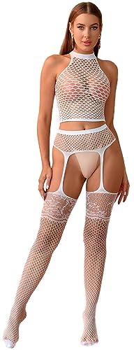 Walang Damen Dessous Fischnetz Set Spitze Strumpfgürtel Strumpfbänder + Oberteil Hohlkörper Netz Nachtwäsche Party Base Freie Größe Unterwäsche Set (Weiß) von Walang