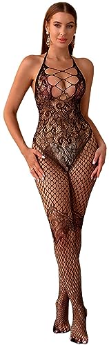 Walang Damen Dessous Fishnet Floral Spitze Neckholder Teddy Mesh Dessous Schrittfrei Bodystocking Stretch Hollow-Out Strumpfhose Sexy Shapewear Clubwear Unterwäsche (Schwarz) von Walang