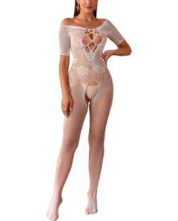 Walang Damen Dessous Mesh Spitze Bodycon Reizwäsche Bodystocking Netz Schrittfreie Bodysuit Ausgeschnittene Strumpfhose Bodycon Unterwäsche (Weiß) von Walang