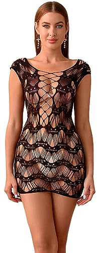 Walang Damen Dessous Minikleid Strumpfhosen Netzstrumpfhosen Gestreifte Sexy Hüftrock Partykleid Clubwear Sexy Hautenges Kleid (Schwarz) von Walang