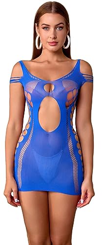 Walang Damen Dessous Sexy Fischnetz Bodysuit Nachtkleid im Bodycon-Stil Reizwäsche Durchsichtiges Chemise Party Clubwear Stretchy Outfit Babydoll Kleider (Blau) von Walang