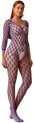 Walang Damen Dessous Sexy Fischnetz Dessous Reizwäsche Netzstrümpfe Langärmeliges Babydoll-Partykleid Einheitsgröße Strumpfhose Stretch-Bottoming Suit (Blau) von Walang