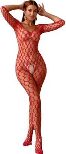 Walang Damen Dessous Sexy Fischnetz Dessous Reizwäsche Netzstrümpfe Langärmeliges Babydoll-Partykleid Einheitsgröße Strumpfhose Stretch-Bottoming Suit (Rot) von Walang