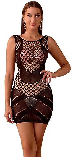 Walang Damen Fischnetz Sexy Dessous Bodycon Stretch Langes Schlauchkleid Outfits Rundhalsausschnitt Maxikleid Party Club Unterwäsche (Schwarz) von Walang