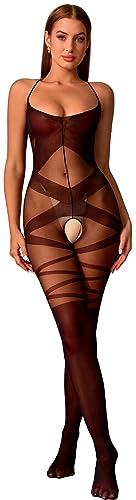 Walang Damen Gestreifter Crotchless Bodycon Dessous Minikleid Sexy Fishnet Halter Bodysuit Club Tragen Reizwäsche Partykleid Out Fits (Schwarz) von Walang