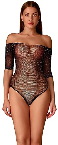 Walang Damen Sexy Bodysuit mit Strassstein Fischnetz Langarm Dessous Trägerlos Kleid Tops Sexy Outfits Baby Dolls Negligees (Schwarz) von Walang