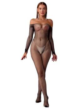 Walang Damen Sexy Fischnetz Mesh Bodystockings Reizwäsche in einem Stück Schulterfreier Jumpsuit Unterwäsche Baby Dolls Tights Strumpfhose (Schwarz) von Walang