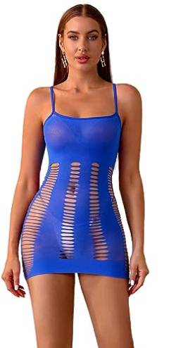 Walang Damen Sexy Fishnet Bodysuit Dessous Halterkleid Reizwäsche Hollow-Out Bodystocking Stretchy Chemise Babydoll Durchsichtiges Kleid (Blau) von Walang