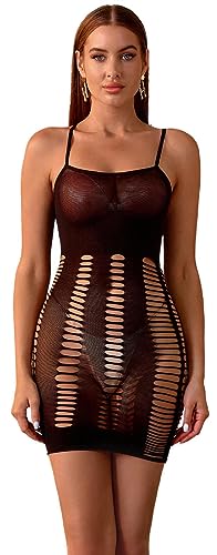 Walang Damen Sexy Fishnet Bodysuit Dessous Halterkleid Reizwäsche Hollow-Out Bodystocking Stretchy Chemise Babydoll Durchsichtiges Kleid (Schwarz) von Walang