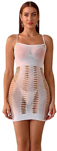Walang Damen Sexy Fishnet Bodysuit Dessous Halterkleid Reizwäsche Hollow-Out Bodystocking Stretchy Chemise Babydoll Durchsichtiges Kleid (Weiß) von Walang