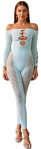 Walang Damen Sexy Glitzer Rave Outfits Fischnetz Langarm Eng Einteiler mit Hellen Künstlichen Perlen Einheitsgröße (Hellblau) von Walang
