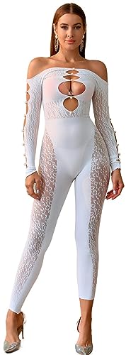 Walang Damen Sexy Glitzer Rave Outfits Fischnetz Langarm Eng Einteiler mit Hellen Künstlichen Perlen Einheitsgröße (Weiß) von Walang