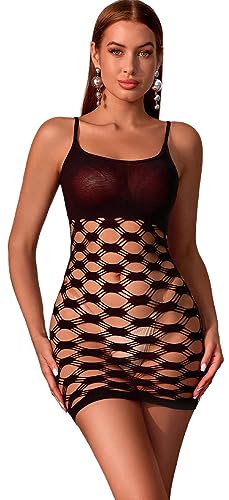 Walang Damen Sexy Mesh Dessous Fishnet BodyStocking Stretchy Durchsichtiges Bodysuits Ein Stück Neckholder Wickelkleid Baby Dolls Unterwäsche (Schwarz) von Walang