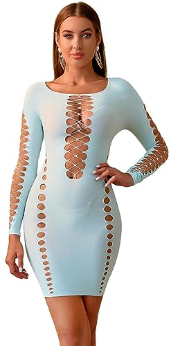 Walang Damen Sexy Netz Dessous Ausgehöhlte Bodycon Fischnetz Outfit Langarm Bodystocking Einteilig Party Kleid Nachtwäsche (Hellblau) von Walang