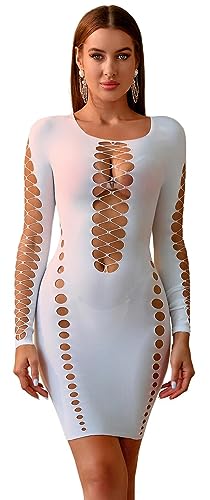 Walang Damen Sexy Netz Dessous Ausgehöhlte Bodycon Fischnetz Outfit Langarm Bodystocking Einteilig Party Kleid Nachtwäsche (Weiß) von Walang