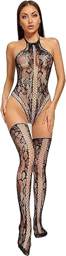 Walang Sexy Fischnetz Dessous Sets Halter Lace Teddy Bodysuits Babydoll Tops+Lace Sheer Thigh High Stockings (Schwarz) von Walang