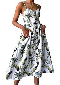 Walant Damen Sommerkleid mittellang mit Trägern Bohemian Floral Knopf Rückenfrei V-Ausschnitt Sexy Strandkleid ohne Ärmel Casual Einfach, Elegant Chic Abend Vintage, weiß, 34-40 von Walant