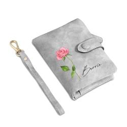 Wamantic Personalisierte Geldbörse Damen: Individuelle Geburtsblume Brieftasche mit Namen Portemonnaie aus PU-Leder mit 16 Kartenfächern und Reißverschluss Kette und Lanyard(Grau) von Wamantic